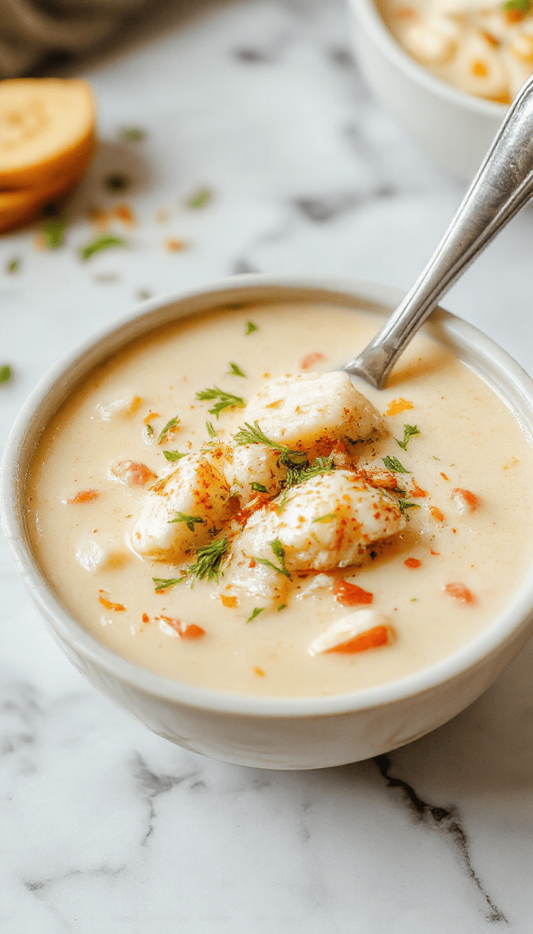 A vibrant bowl of creamy chicken soup garnished with fresh herbs, served with crusty bread on a rustic wooden table. The soup has a rich, velvety texture with tender chicken chunks, herbs, and a swirl of cream, contrasting with the colorful garnish.