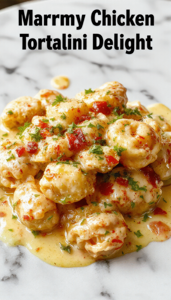 A vibrant plate of creamy chicken tortellini garnished with fresh herbs, featuring golden-brown tortellini coated in rich cheese sauce, served on a rustic wooden platter with colorful vegetables and a sprinkle of grated cheese, styled attractively with a sprig of basil for a gourmet look.