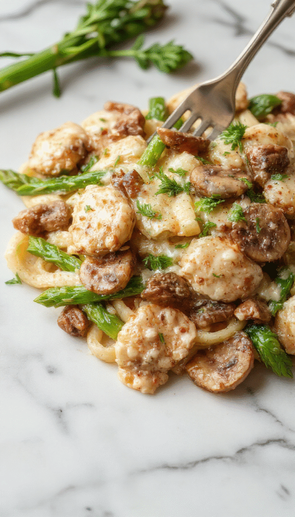 A vibrant plate of creamy mushroom asparagus chicken penne featuring perfectly cooked al dente pasta topped with sautéed mushrooms, tender asparagus spears, and shredded chicken, all coated in a rich, glossy sauce. The dish is garnished with fresh herbs and a sprinkle of grated cheese, styled elegantly on a white plate with a rustic wooden backdrop and colorful vegetables in the background.