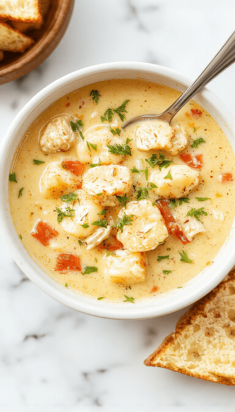A steaming bowl of creamy chicken gnocchi soup with tender gnocchi, shredded chicken, spinach, and melted cheese, garnished with herbs on a rustic wooden table