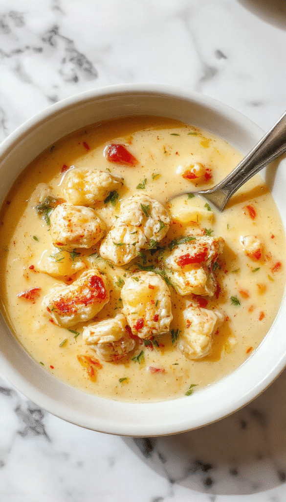 A vibrant bowl of Olive Garden Chicken Gnocchi Soup showcasing steaming, creamy broth filled with golden meatballs, soft gnocchi, fresh spinach, and tender pieces of chicken. The soup is garnished with grated Parmesan and a sprig of basil, served in a rustic white bowl on a wooden table with a slice of crusty bread beside it, highlighting warm, comforting textures and inviting colors.