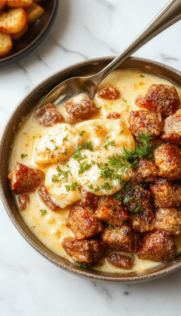 A vibrant image showcasing a rustic skillet filled with creamy cooked ground meat and tender potato slices, garnished with fresh herbs. The dish is styled on a wooden surface with a side of crisp green vegetables, emphasizing warm, golden-brown textures and a rich, creamy sauce coating the ingredients.