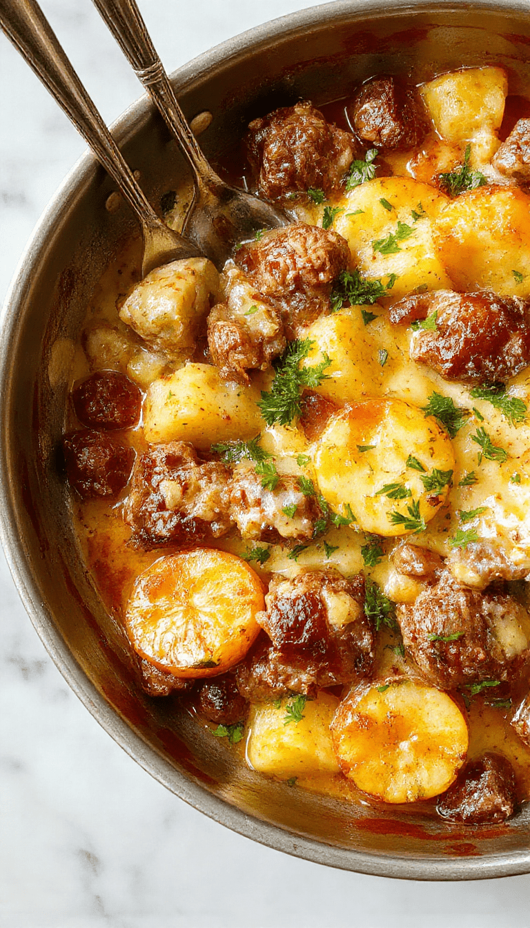 A vibrant skillet filled with creamy meat and golden potatoes, garnished with fresh herbs and served on a rustic wooden table, with steam rising and a rich sauce coating the ingredients.