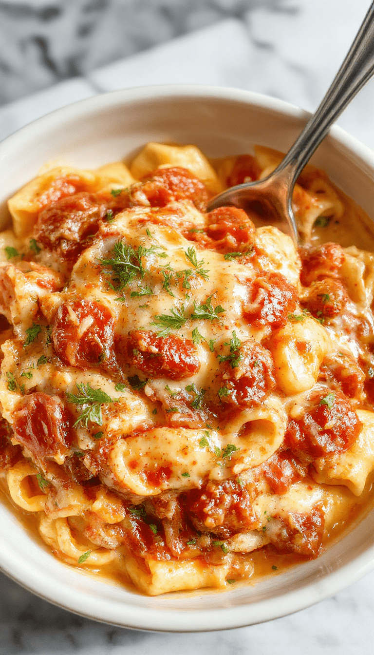 A vibrant plate of creamy tomato pasta on a rustic wooden table, garnished with fresh basil leaves and grated cheese. The pasta is coated in a rich, glossy tomato sauce, featuring visible cherry tomato halves and herbs, with a sprinkle of freshly ground black pepper. The presentation is inviting, showcasing the comforting and effortless appeal of the dish.