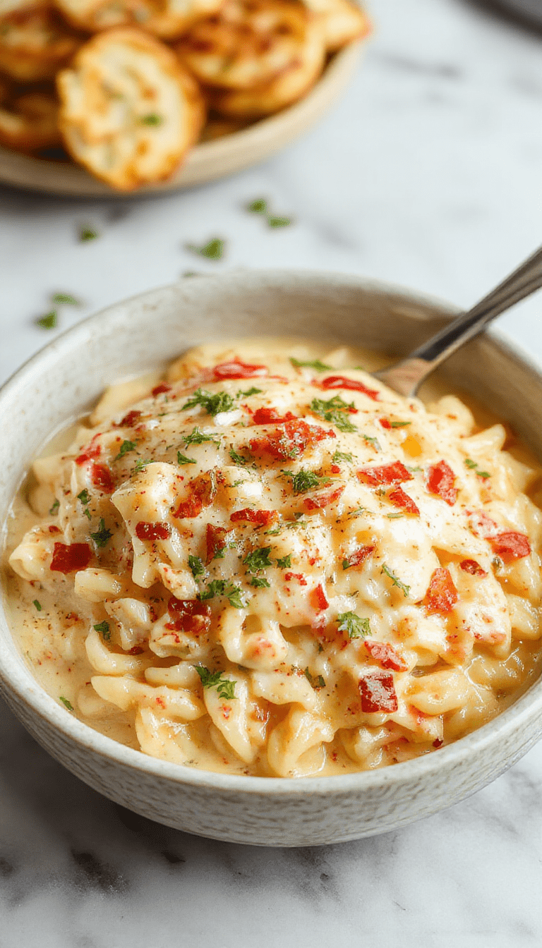 A vibrant bowl of creamy orzo pasta topped with fresh herbs, cherry tomatoes, and grated cheese, served on a rustic wooden table with colorful vegetables in the background