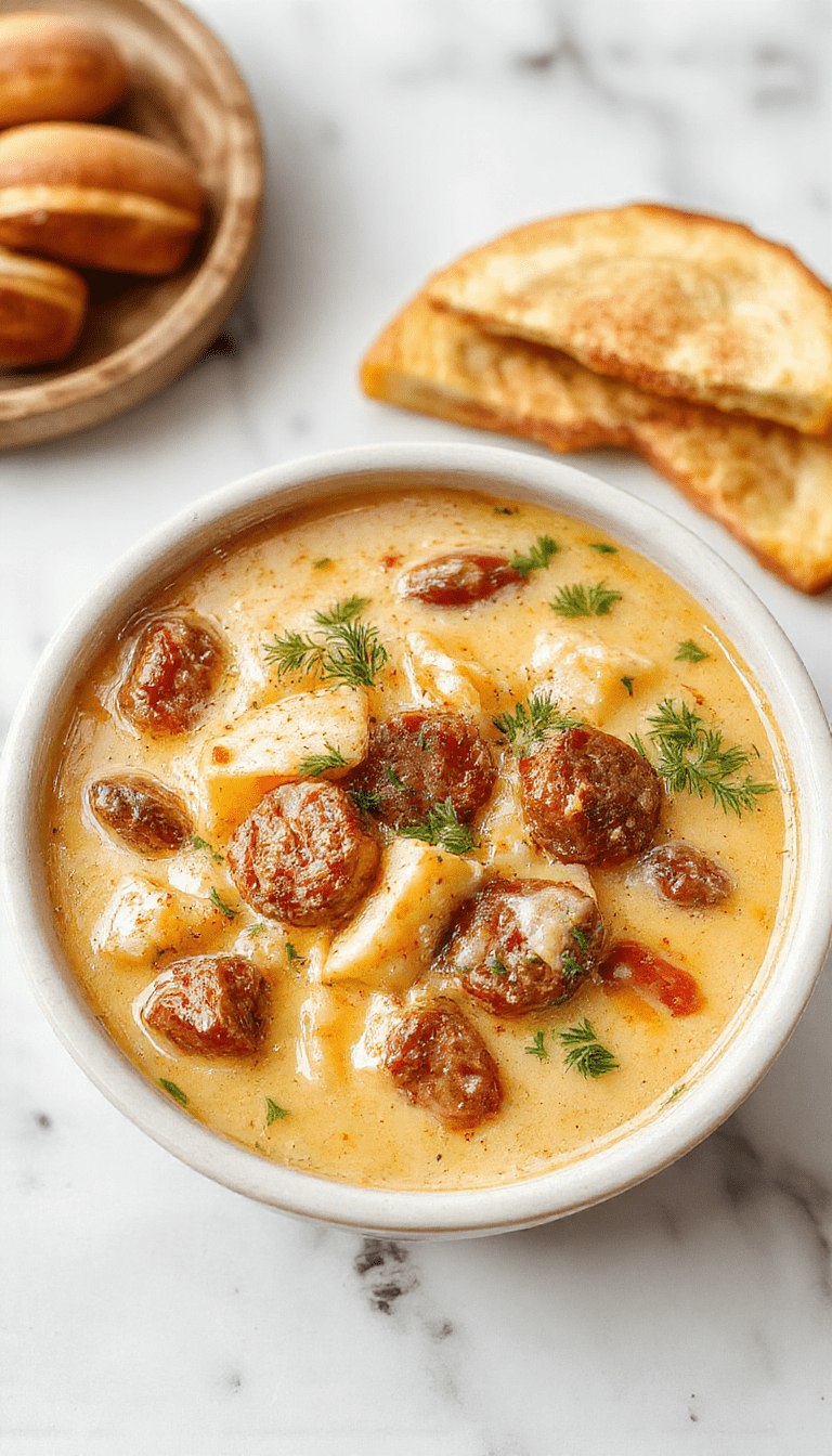A steaming bowl of creamy Italian sausage soup topped with grated Parmesan cheese and fresh herbs, featuring chunks of sausage, spinach, and creamy broth on a rustic wooden table with a spoon and bread in the background.