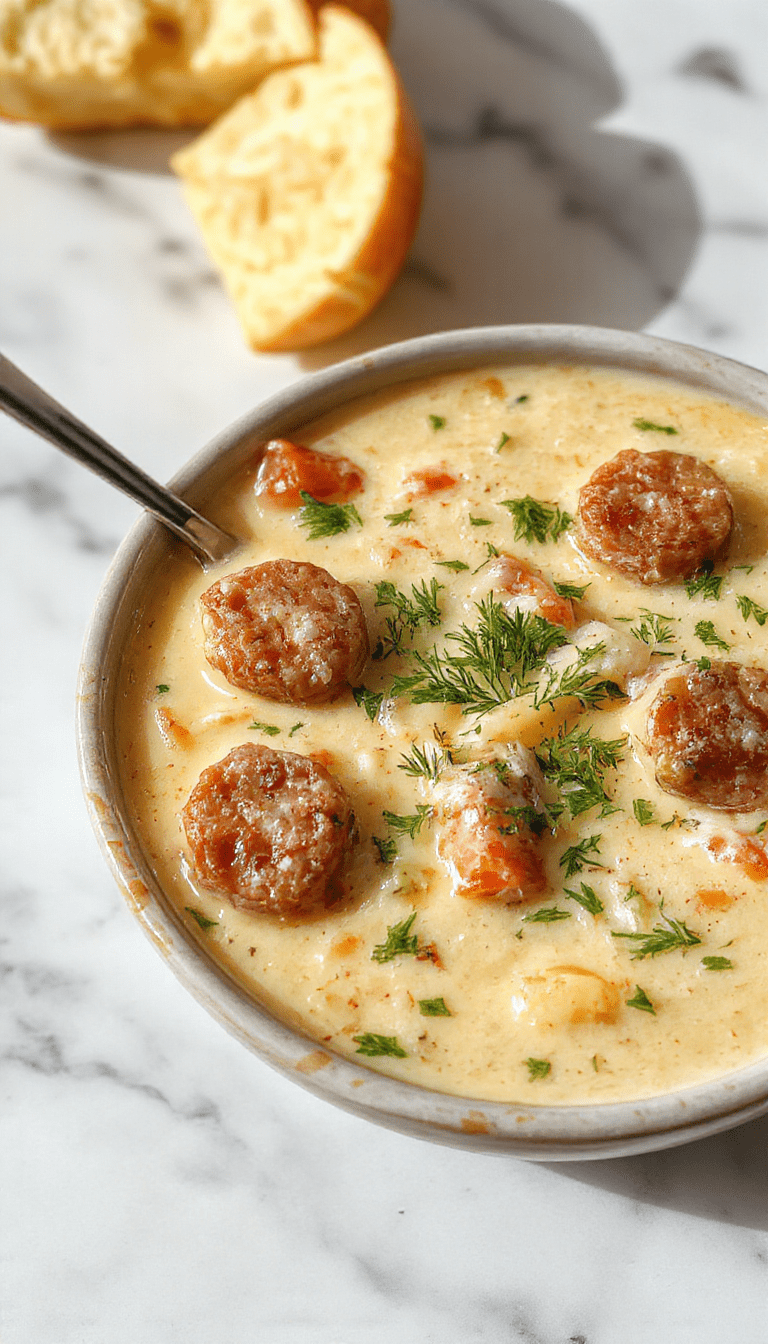 A steaming bowl of creamy Italian sausage soup garnished with fresh parsley and grated Parmesan cheese, with chunks of sausage and tender vegetables visible. The bowl sits on a rustic wooden table with a spoon resting beside it, with a light creamy broth and vibrant green herbs adding color and texture.