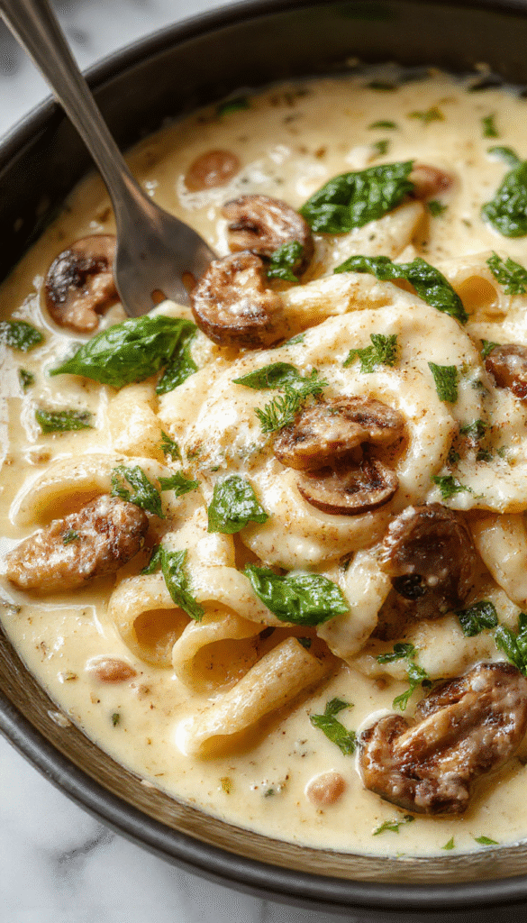A vibrant plate featuring a creamy pasta dish with fresh spinach leaves, sliced mushrooms, and grated Parmesan cheese on top. The pasta is golden and coated with a creamy sauce, garnished with chopped herbs. The dish is served in a rustic skillet, with a background of colorful vegetables and a wooden table, highlighting the textures and freshness of the ingredients.