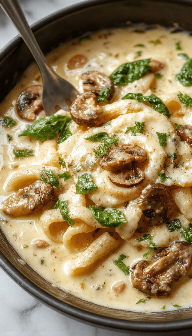 A vibrant plate featuring a creamy pasta dish with fresh spinach leaves, sliced mushrooms, and grated Parmesan cheese on top. The pasta is golden and coated with a creamy sauce, garnished with chopped herbs. The dish is served in a rustic skillet, with a background of colorful vegetables and a wooden table, highlighting the textures and freshness of the ingredients.