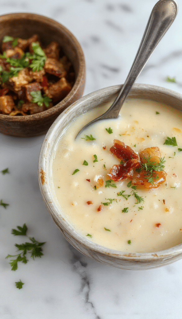 A vibrant bowl of Polish potato soup with a creamy texture, garnished with crispy bacon, fresh herbs, and a swirl of sour cream, served in a rustic white bowl on a wooden table, surrounded by chopped potatoes, herbs, and a bread roll, inviting warmth and comfort.
