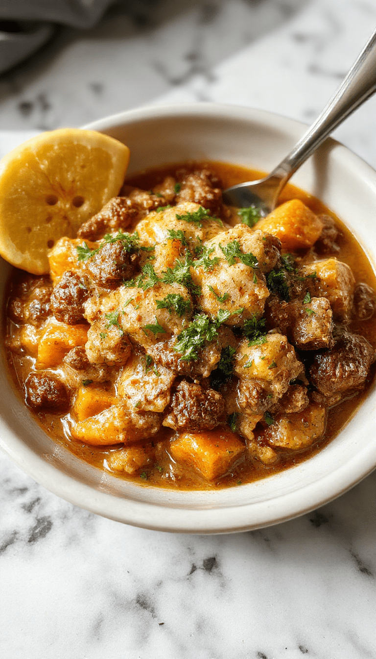 A steaming plate of pumpkin beef bolognese featuring rich, orange-tinted pumpkin sauce with tender ground beef over al dente pasta, garnished with fresh herbs and parmesan cheese, styled on a rustic wooden table with a warm, inviting ambiance.