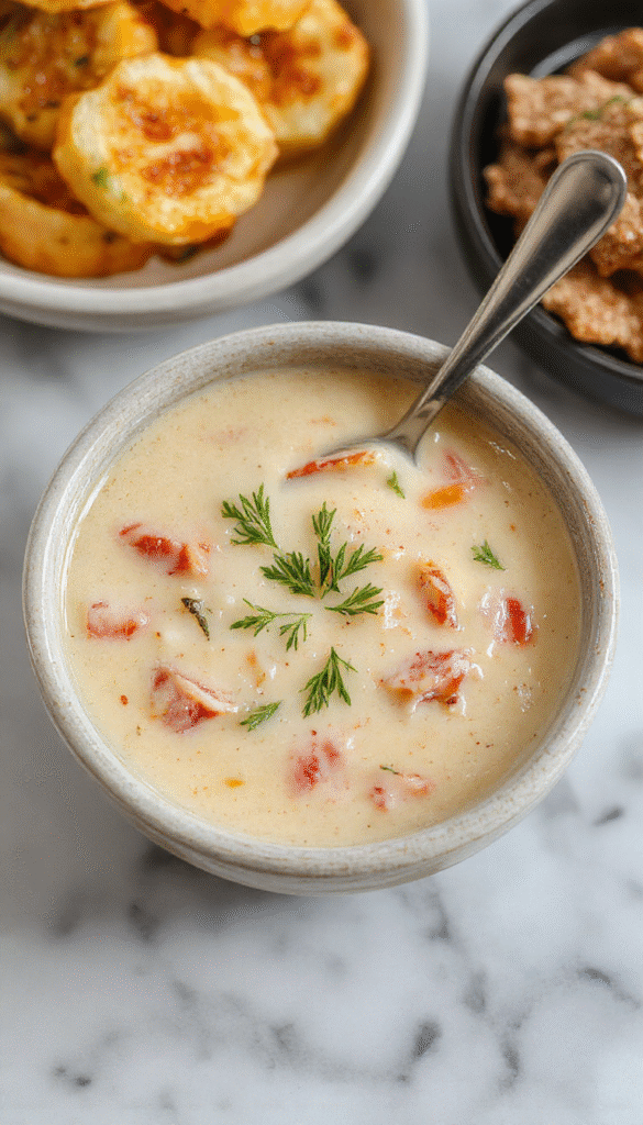 A cozy bowl of Creamy Reuben Soup topped with melted Swiss cheese, chopped corned beef, and a sprinkle of fresh herbs. The soup has a rich, creamy texture with swirls of rye bread crumbles on a rustic wooden table, garnished with slices of pickles and a side of crusty bread.
