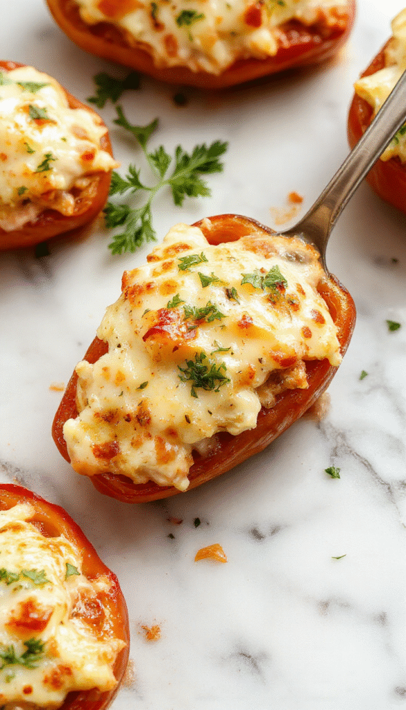Colorful bell peppers on a white plate filled with creamy ricotta cheese, garnished with fresh herbs, with a rustic wooden background, showcasing the glossy skin, smooth filling, and vibrant greens.