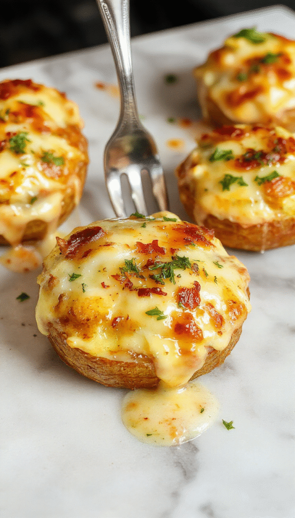 A close-up of a golden-brown roasted garlic potatoes au gratin dish, topped with melted cheese and crispy edges, garnished with fresh herbs, served on a rustic white platter with a creamy sauce visible and steam rising, set on a wooden table.
