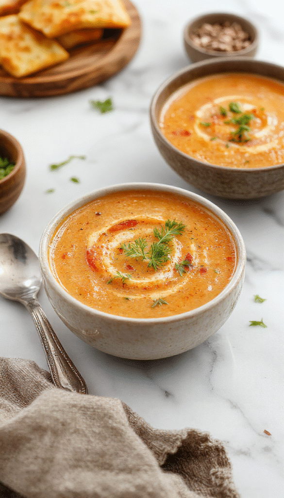 A vibrant bowl of roasted tomato soup with a smooth, velvety texture, garnished with fresh basil leaves, drizzled with olive oil, and served on a rustic wooden table with warm lighting emphasizing the rich red and orange hues of the soup.