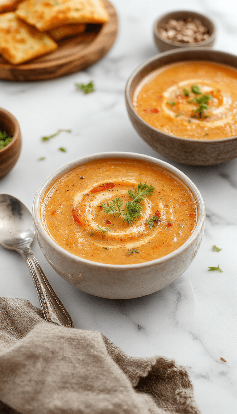 A vibrant bowl of roasted tomato soup with a smooth, velvety texture, garnished with fresh basil leaves, drizzled with olive oil, and served on a rustic wooden table with warm lighting emphasizing the rich red and orange hues of the soup.
