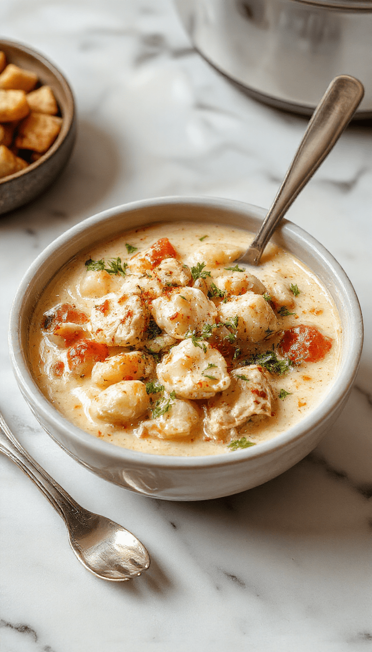 A cozy bowl of creamy rotisserie chicken gnocchi soup garnished with fresh herbs, featuring tender gnocchi, shredded rotisserie chicken, and colorful vegetables served in a rustic white bowl on a wooden table.