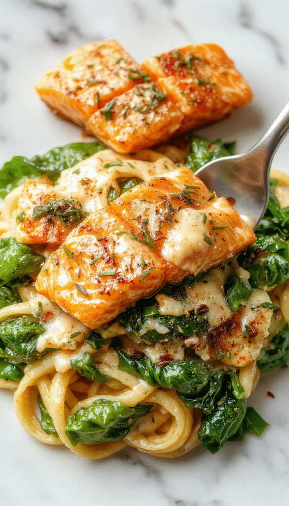 A vibrant plate of creamy salmon spinach pasta showcasing tender salmon fillets, fresh green spinach, and a rich creamy sauce, garnished with herbs, served on a white ceramic plate with a rustic wooden background.