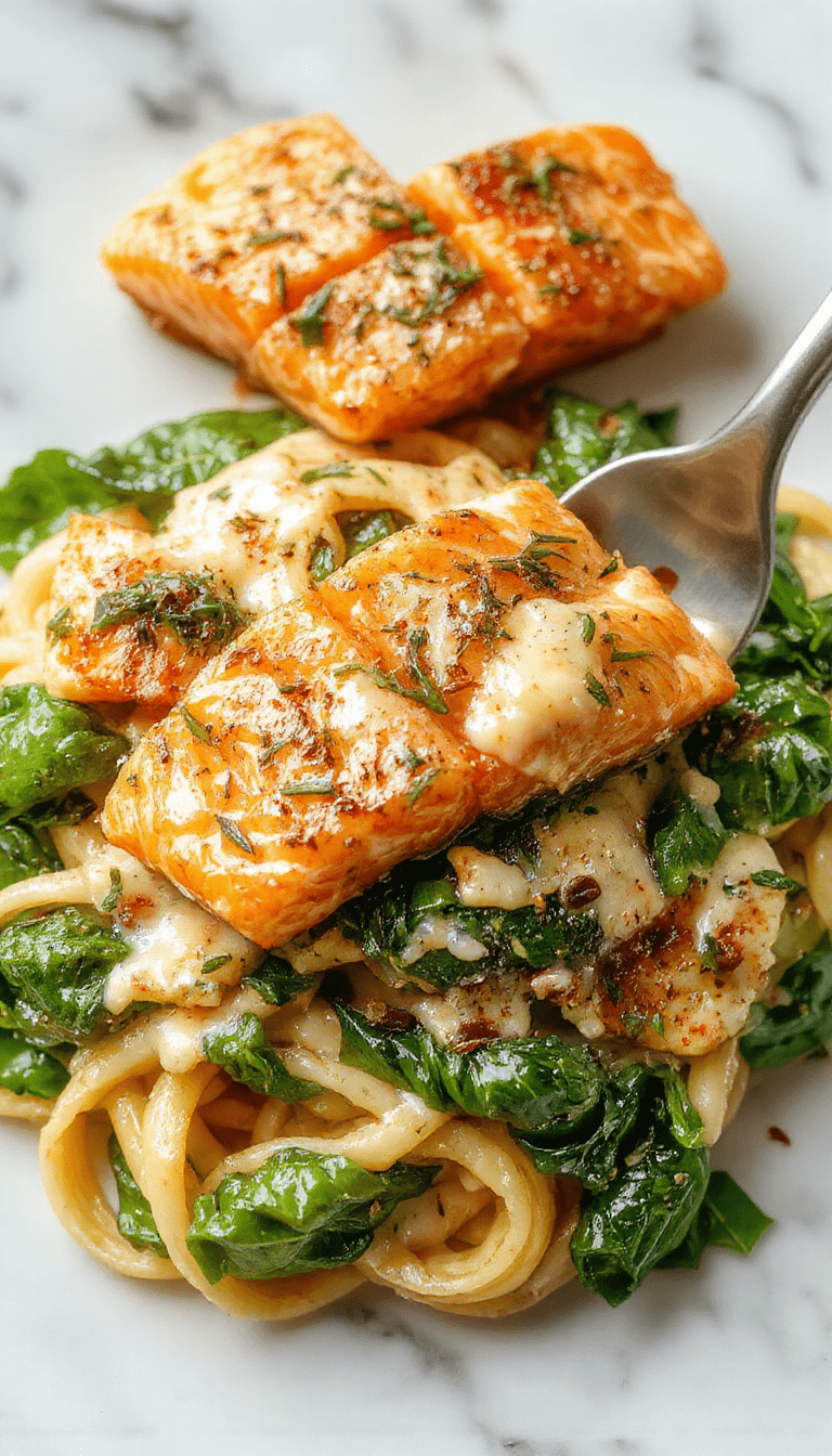 A vibrant plate of creamy salmon spinach pasta showcasing tender salmon fillets, fresh green spinach, and a rich creamy sauce, garnished with herbs, served on a white ceramic plate with a rustic wooden background.
