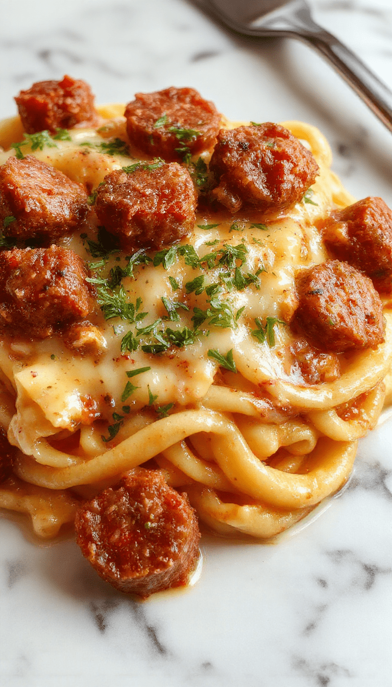 A close-up of a bowl of creamy sausage rigatoni showcasing golden-brown sausage slices intertwined with twisted rigatoni noodles coated in a creamy sauce, garnished with freshly chopped herbs, served on a rustic plate with a slight sheen and a sprinkle of cheese, set against a neutral background with hints of basil and parmesan.