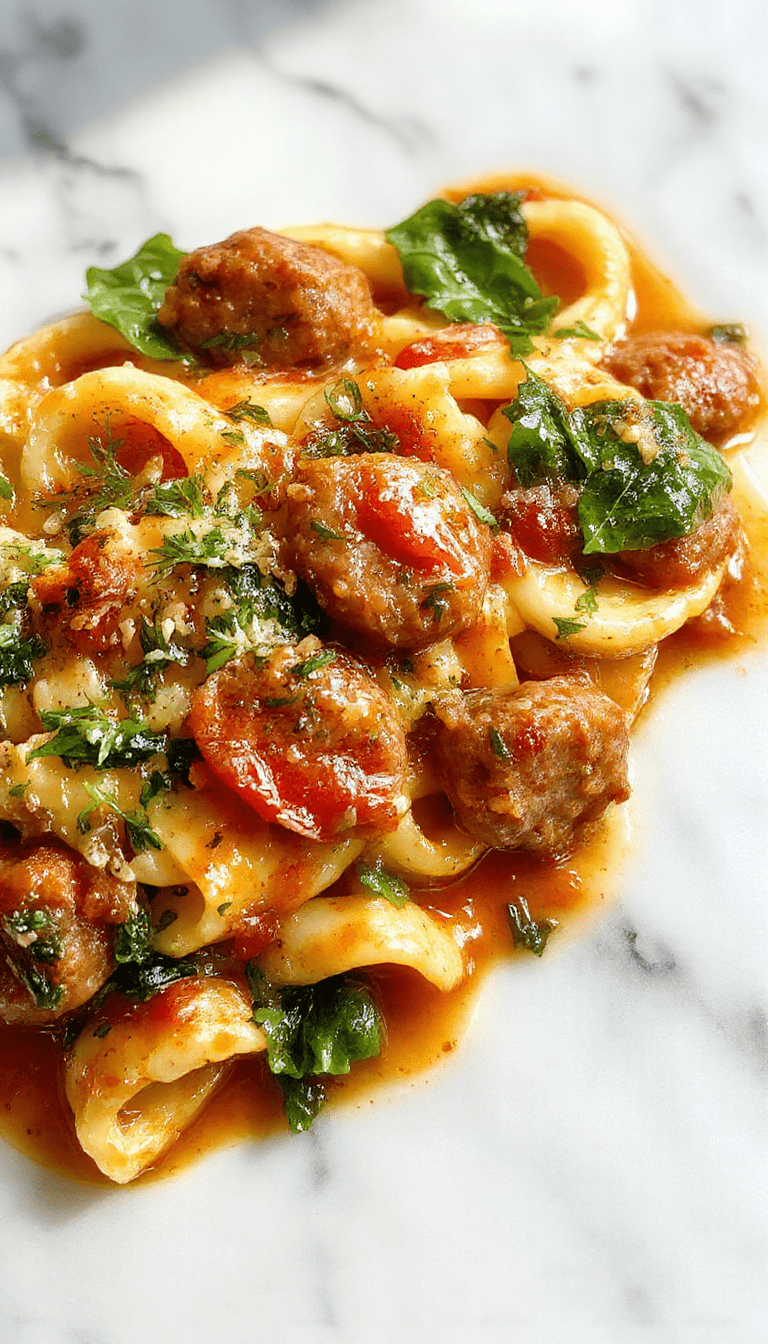 A vibrant plate of creamy sausage rigatoni featuring golden-brown sausage pieces, fresh green spinach, and a rich tomato garlic cream sauce. The rigatoni is arranged elegantly on a rustic white plate, garnished with a sprinkle of herbs, with a side of toasted bread and a sprig of fresh basil. The background shows a wooden table and natural lighting enhancing the creamy textures and colorful ingredients.
