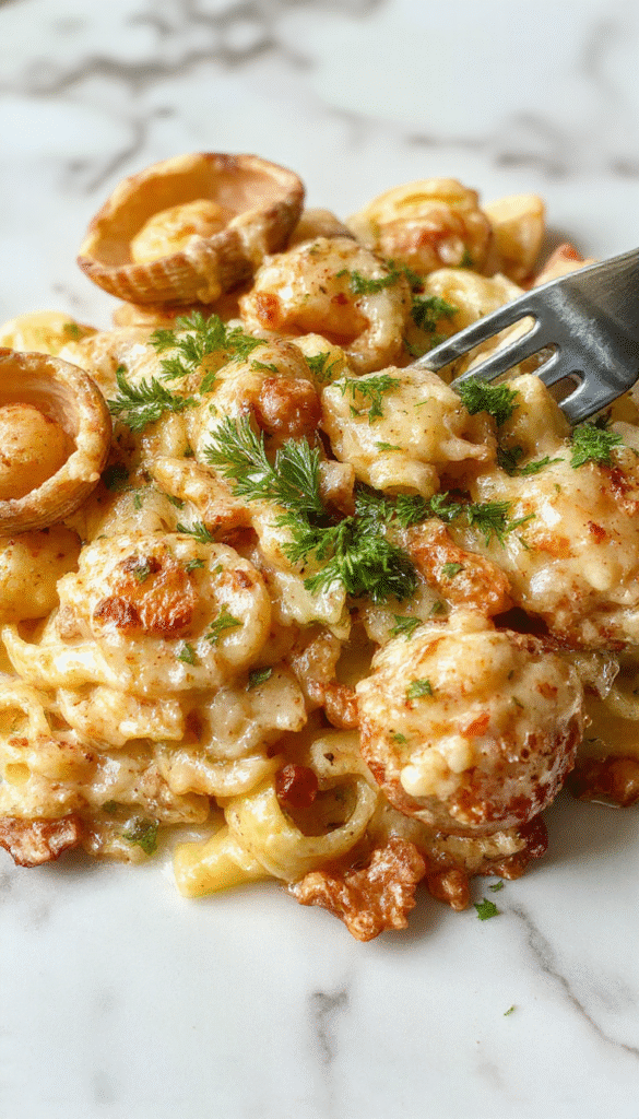 A close-up of creamy seafood stuffed pasta shells arranged on a white plate, topped with fresh herbs and melted cheese, showcasing golden-brown edges and vibrant seafood filling.