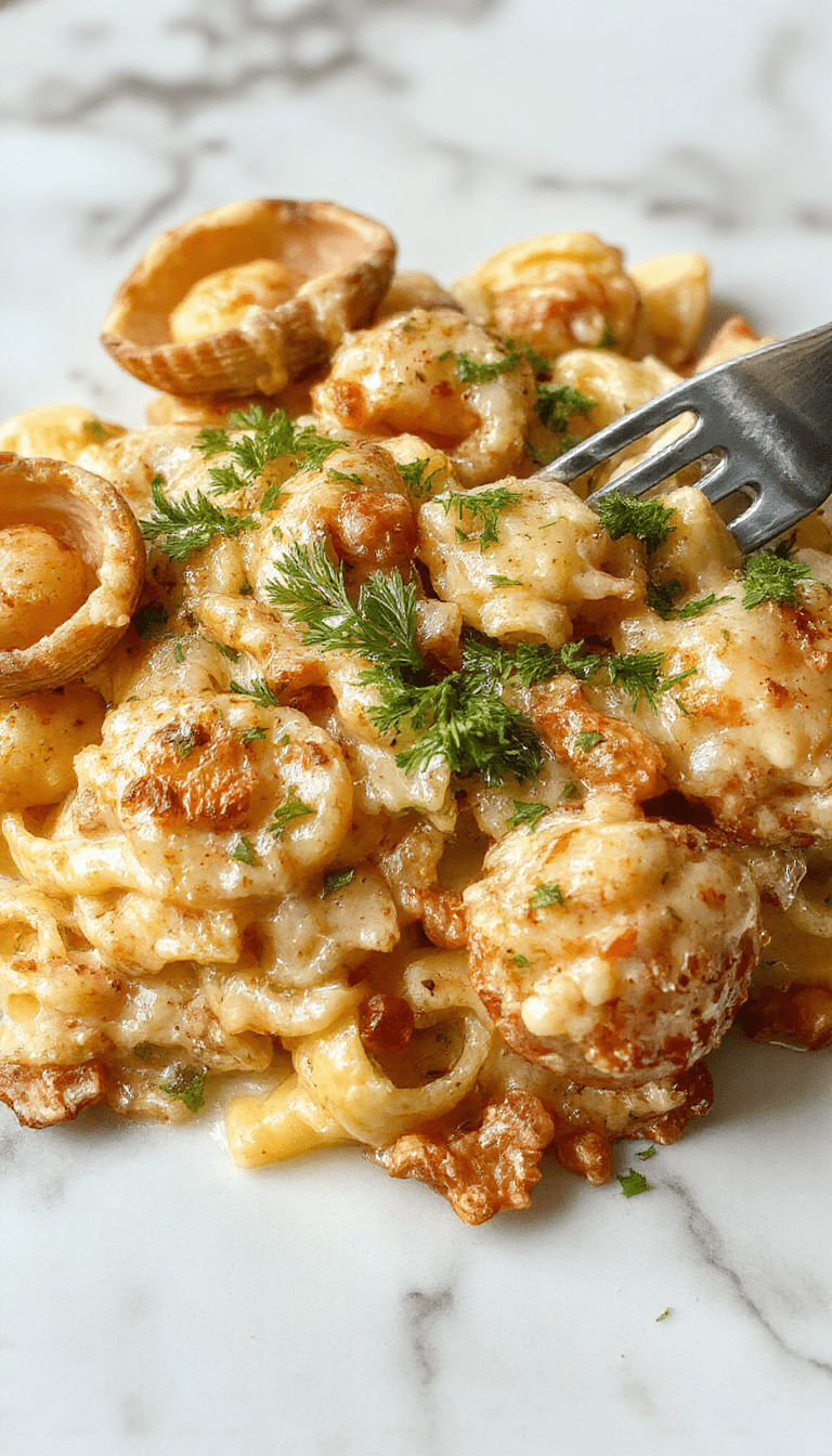 A close-up of creamy seafood stuffed pasta shells arranged on a white plate, topped with fresh herbs and melted cheese, showcasing golden-brown edges and vibrant seafood filling.