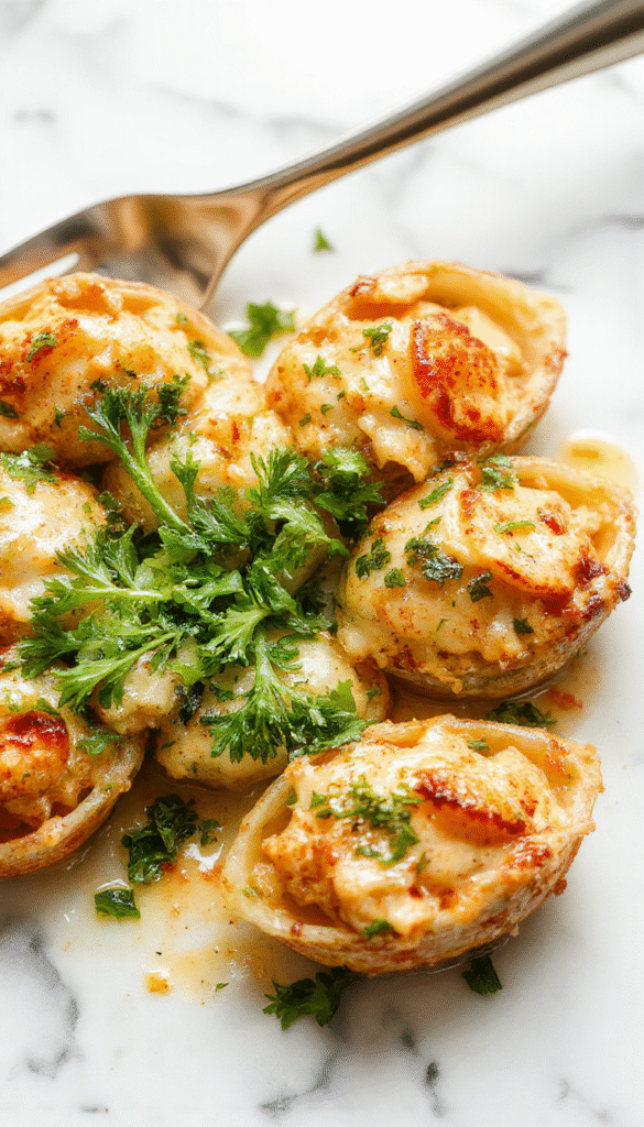 A vibrant plate featuring large pasta shells generously filled with a creamy seafood mixture, topped with chopped herbs and melted cheese, presented on a rustic white plate with a garnish of fresh parsley, set against a blurred kitchen background with a golden hue highlighting the dish's textures and colors.