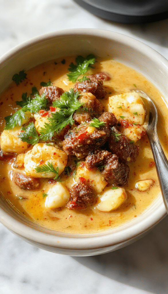 A vibrant bowl of beef coconut curry showcasing tender beef chunks immersed in a rich, creamy coconut sauce with hints of spices and garnished with fresh herbs. The dish is beautifully plated on a rustic wooden table, with colorful vegetables and a side of fluffy rice, creating a warm and inviting atmosphere.