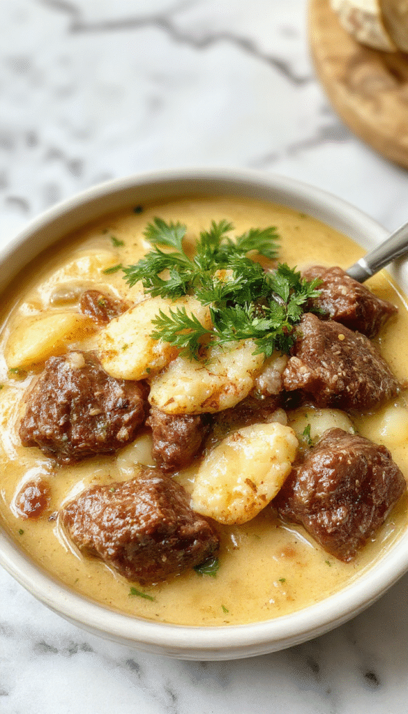A vibrant bowl of beef coconut curry showcases tender beef chunks immersed in a rich, creamy coconut sauce with bright orange carrots, green bell peppers, and garnished with fresh cilantro on a rustic wooden table