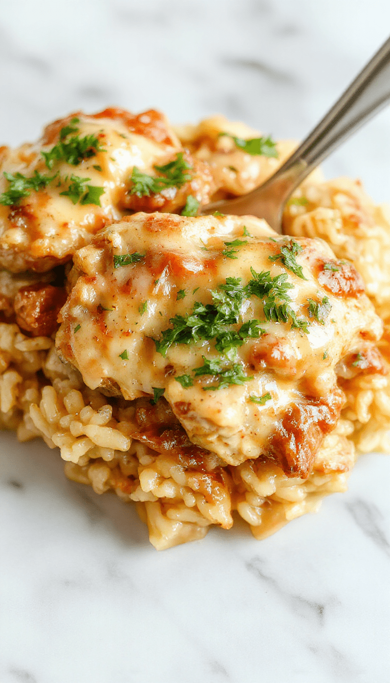 A vibrant plate featuring tender, golden-brown chicken smothered in creamy white sauce, topped with herbs, served alongside fluffy rice with a rich, glossy sauce coating the chicken pieces, set on a rustic wooden table with fresh parsley garnish and warm lighting highlighting the mouthwatering textures.