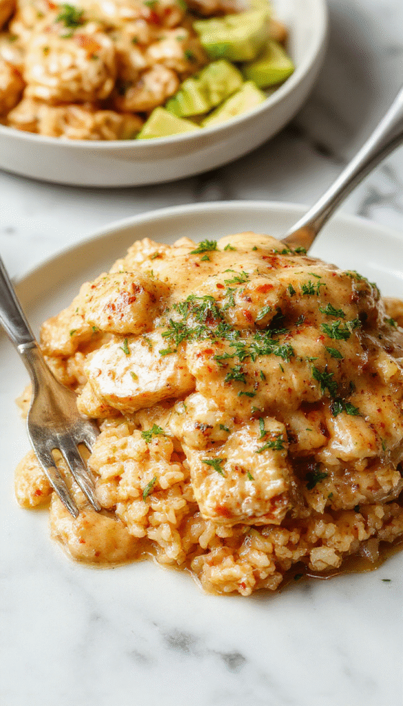 A creamy chicken and rice dish plated beautifully with tender pieces of chicken smothered in a rich, buttery sauce, topped with fresh herbs, served alongside fluffy rice, on a rustic white plate with a sprig of parsley for garnish, with a warm wooden background and soft natural lighting emphasizing the creamy textures and appetizing presentation.