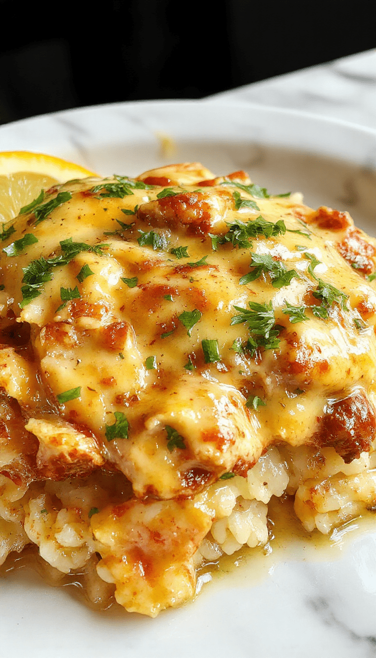 A close-up of a golden-brown chicken breast smothered in creamy sauce, served over fluffy rice on a rustic plate. Garnished with fresh herbs, the dish showcases rich textures and vibrant colors with a glossy sauce and tender chicken pieces.