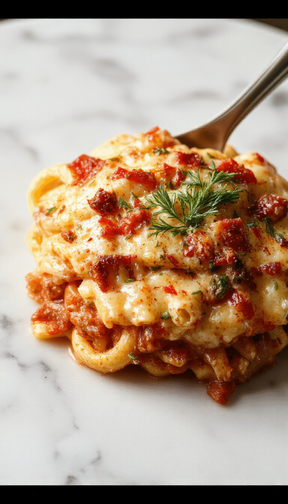 A vibrant, golden-brown cheesy spaghetti bake in a white ceramic dish topped with melted cheese and fresh herbs, drizzled with creamy sauce, surrounded by fresh ingredients like tomatoes and herbs, styled for a homestyle hearty meal.