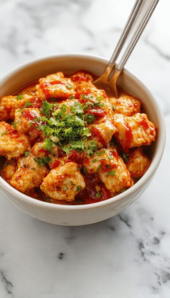 A vibrant and colorful chicken bowl featuring crispy fried chicken coated in a bright orange spicy sauce, topped with green scallions and sesame seeds, served over a bed of fluffy rice with fresh vegetables and garnished with cilantro, styled on a rustic plate with a glossy finish and a blurred background highlighting the dish's textures and appeal.