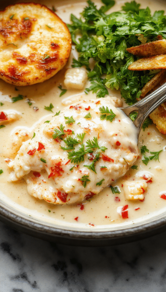 A vibrant and inviting chicken skillet dish with a rich buttery sauce, topped with fresh herbs and served on a rustic wooden table, showcasing golden-brown chicken pieces coated in a glossy, creamy sauce with steamed vegetables and garnished with chopped parsley.