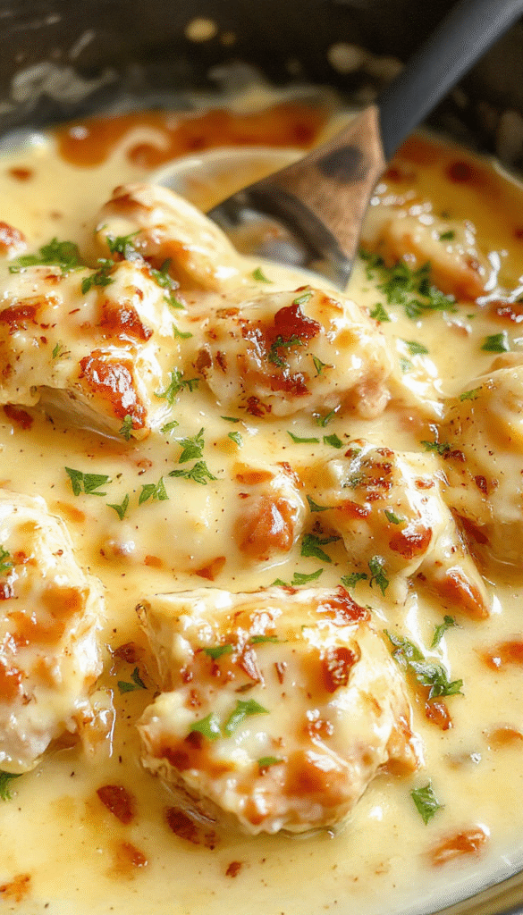 A vibrant skillet filled with tender, golden-brown chicken pieces coated in a rich, creamy butter sauce. Garnished with chopped herbs and served on a rustic wooden table with a sprig of fresh herbs and a side of warm bread, showcasing a colorful and appetizing presentation.