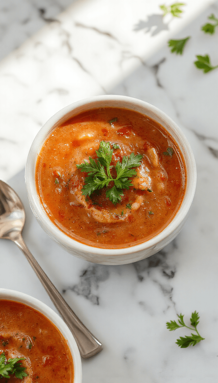 A vibrant bowl of creamy tomato soup garnished with fresh basil leaves, served with a drizzle of cream on top, accompanied by crispy croutons on a rustic wooden table.