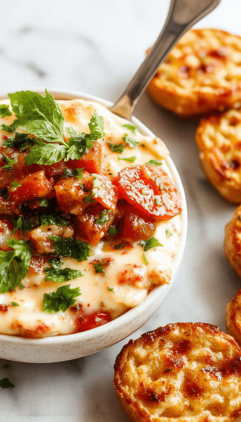 A vibrant bowl of creamy tomato and basil bruschetta dip garnished with fresh basil leaves. The dip features a rich, smooth texture with chopped ripe tomatoes and herbs, served alongside crisp toasted baguette slices on a rustic wooden platter.