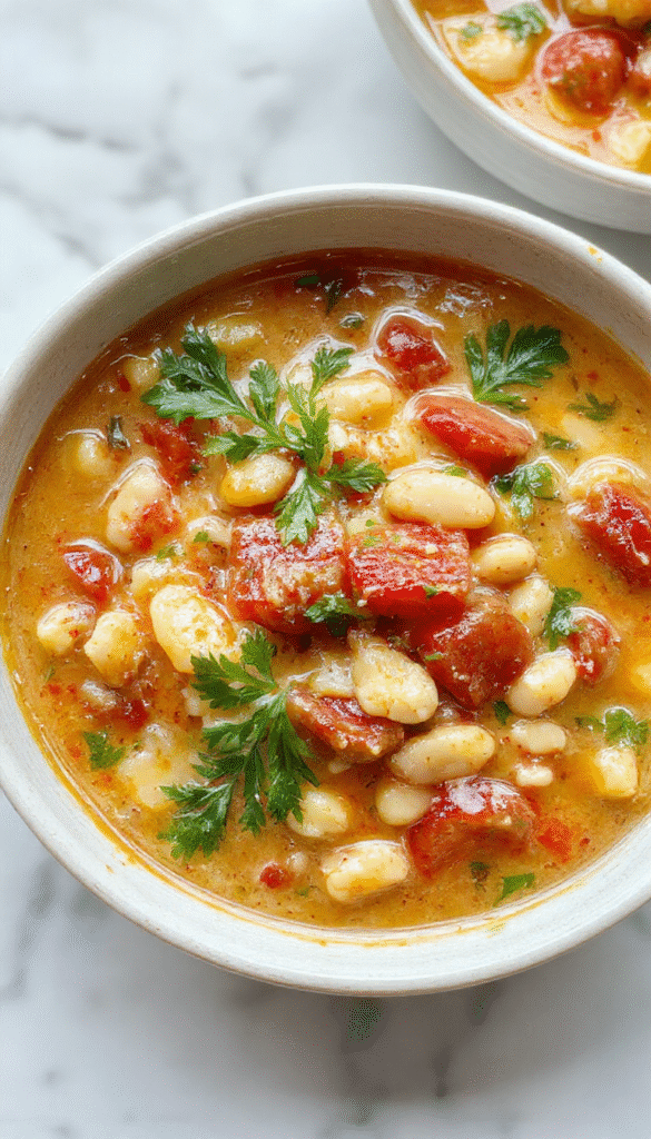 A vibrant bowls of creamy vegan tomato and white bean stew with a smooth, luscious sauce. Garnished with fresh herbs, the dish features plump white beans and ripe red tomatoes, served in rustic white bowls on a wooden table. The stew has a rich, textured appearance with visible herbs and a hint of olive oil drizzle, styled with a sprig of basil for freshness.