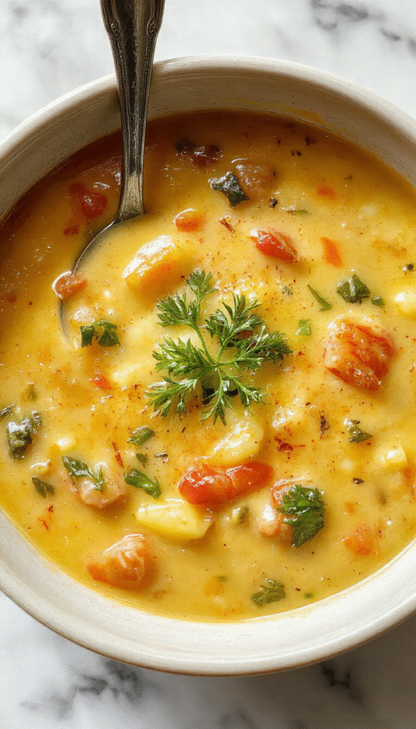 A vibrant bowl of creamy vegetable soup topped with fresh herbs and a drizzle of olive oil, served in a rustic white bowl on a wooden surface, with colorful chopped vegetables around it, showcasing a smooth texture and inviting presentation.
