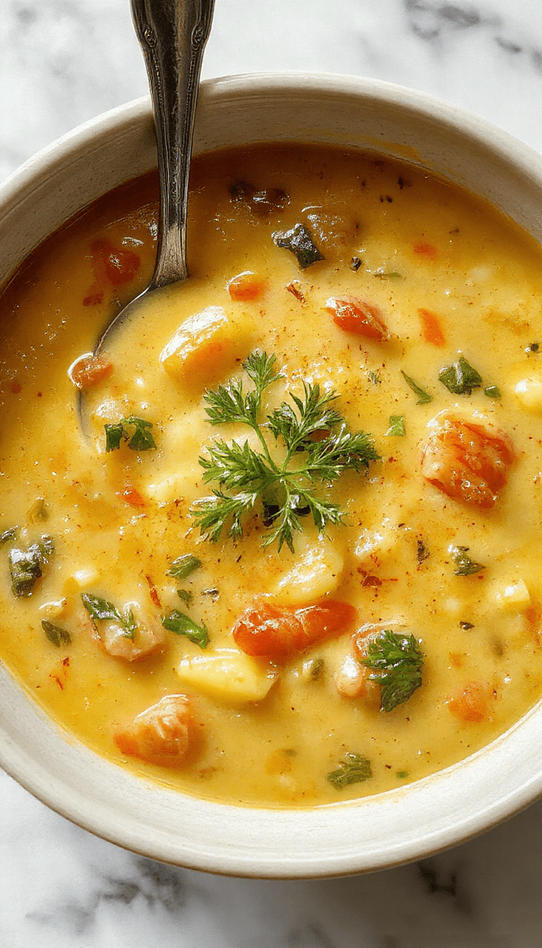 A vibrant bowl of creamy vegetable soup topped with fresh herbs and a drizzle of olive oil, served in a rustic white bowl on a wooden surface, with colorful chopped vegetables around it, showcasing a smooth texture and inviting presentation.