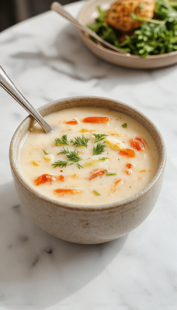A vibrant bowl of creamy vegetable soup featuring colorful carrots, celery, and spinach topped with herbs, served in a rustic bowl on a wooden table with fresh bread on the side.