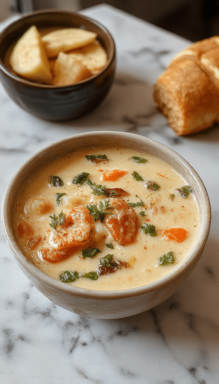A vibrant bowl of creamy vegetable soup featuring colorful carrots, zucchini, and spinach, garnished with fresh herbs, served in a rustic white bowl on a wooden table, with a spoon resting beside it, highlighting the soup’s smooth texture and fresh ingredients.