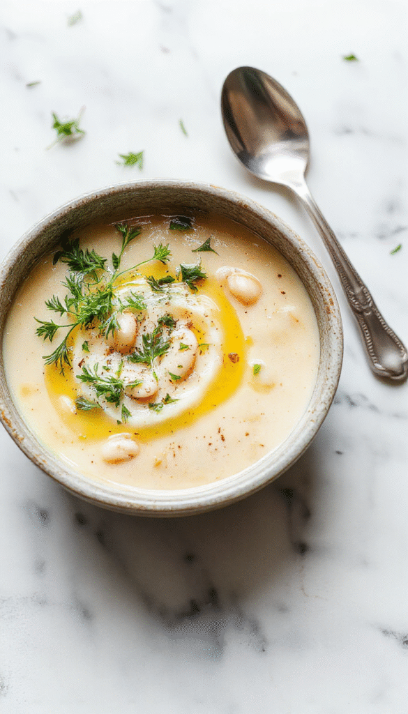 A vibrant bowl of creamy white bean soup garnished with chopped parsley and a drizzle of olive oil, served in a rustic white bowl with slices of crusty bread on the side, set on a wooden table with fresh herbs for garnish.