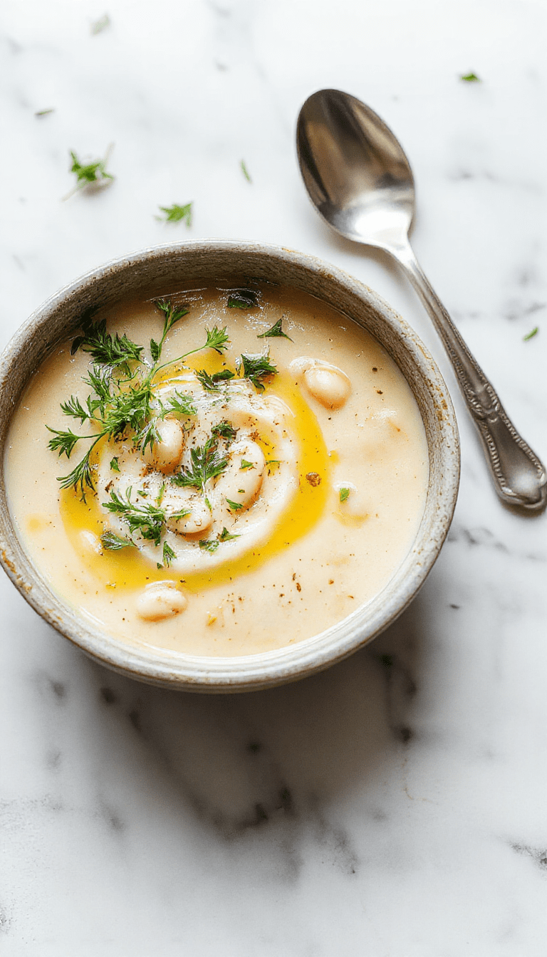 A vibrant bowl of creamy white bean soup garnished with chopped parsley and a drizzle of olive oil, served in a rustic white bowl with slices of crusty bread on the side, set on a wooden table with fresh herbs for garnish.