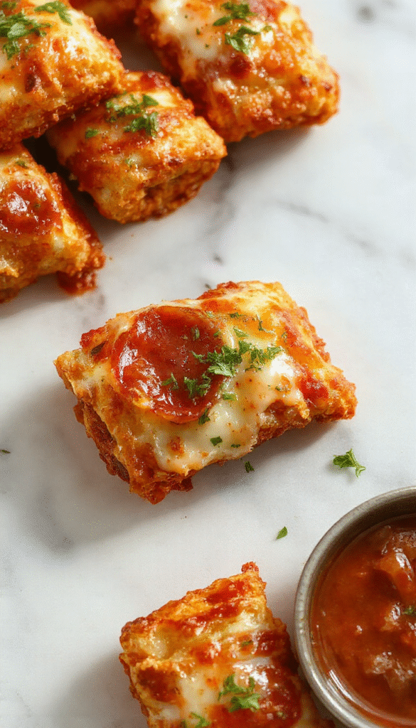 Golden crispy air fryer pizza rolls arranged on a white plate, bubbling with melted cheese, vibrant pepperoni slices, and a sprinkle of herbs, with a textured crispy exterior and gooey interior visible.