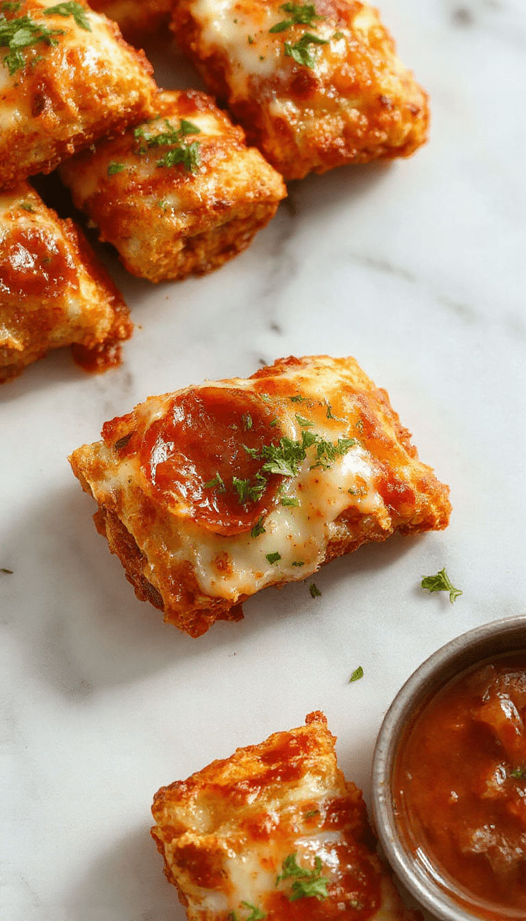 Golden crispy air fryer pizza rolls arranged on a white plate, bubbling with melted cheese, vibrant pepperoni slices, and a sprinkle of herbs, with a textured crispy exterior and gooey interior visible.