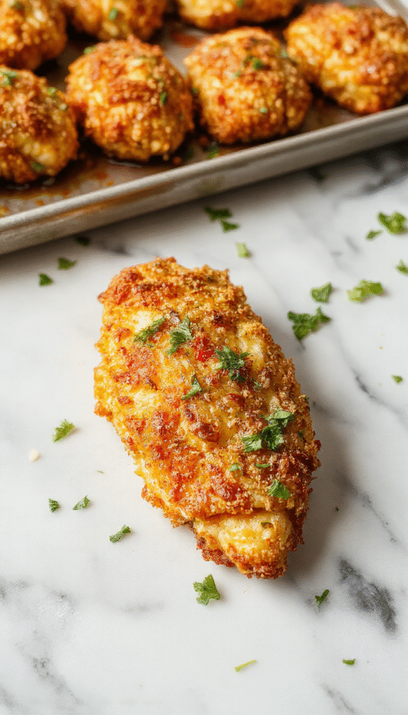 Golden-brown crispy baked chicken tenders arranged on a white plate, garnished with fresh parsley, with a side of dipping sauce and a rustic wooden background
