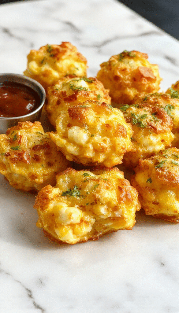 Golden crispy corn cheese bites arranged on a white plate, showcasing their crunchy exterior and gooey melted cheese inside, garnished with chopped herbs, with a blurred background of a modern kitchen setting.